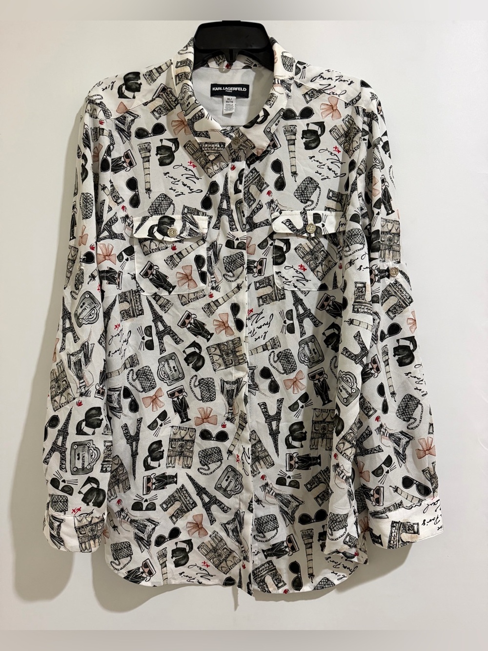Karl Lagerfeld Black and White Paris Icon Print Button-Down Shirt